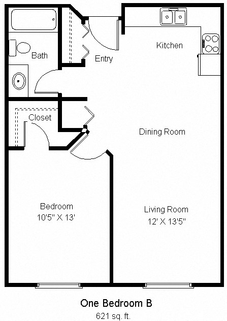Floor plan for 1 bed, 1 bath, 621 sqft