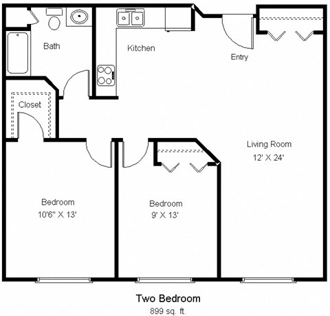 Floor plan for 2 beds, 1 bath, 891 sqft