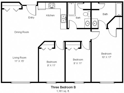 Floor plan for 3 beds, 2 baths, 1161 sqft
