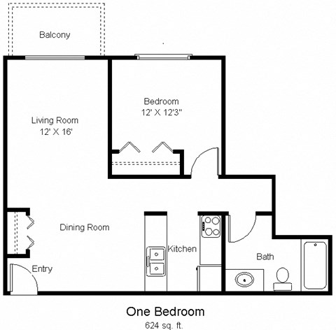 Floor plan for 1 bed, 1 bath, 624 sqft
