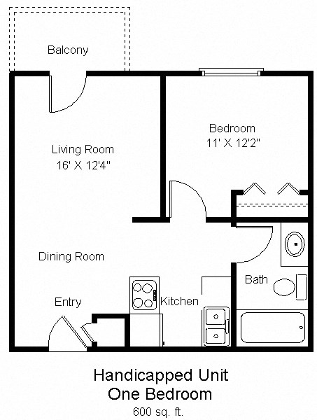 Floor plan for 1 bed, 1 bath, 600 sqft