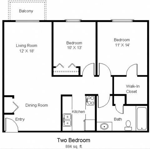 Floor plan for 2 beds, 1 bath, 884 sqft