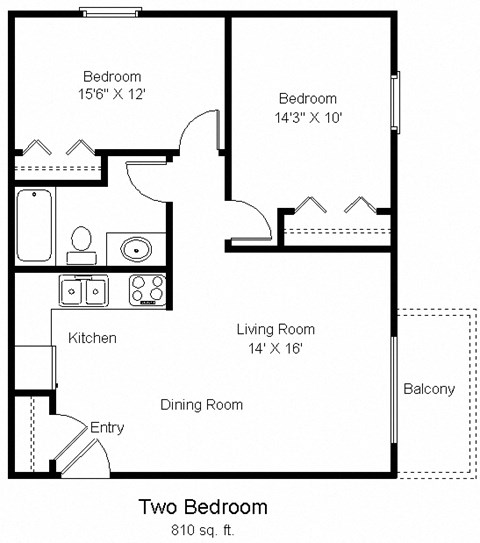 Floor plan for 2 beds, 1 bath, 810 sqft