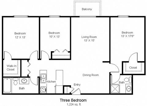 Floor plan for 3 beds, 2 baths, 1224 sqft