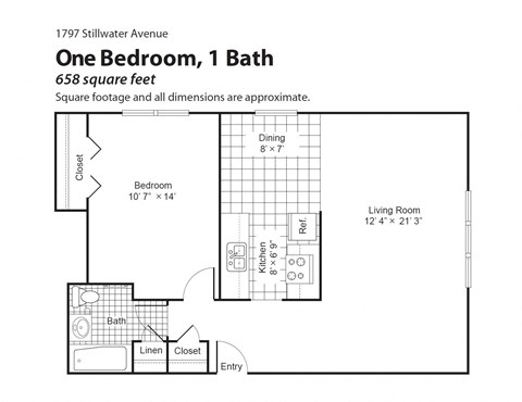 Floor plan for 1 bed, 1 bath, 658 sqft