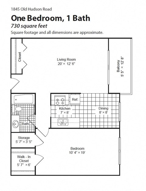 Floor plan for 1 bed, 1 bath, 730 sqft