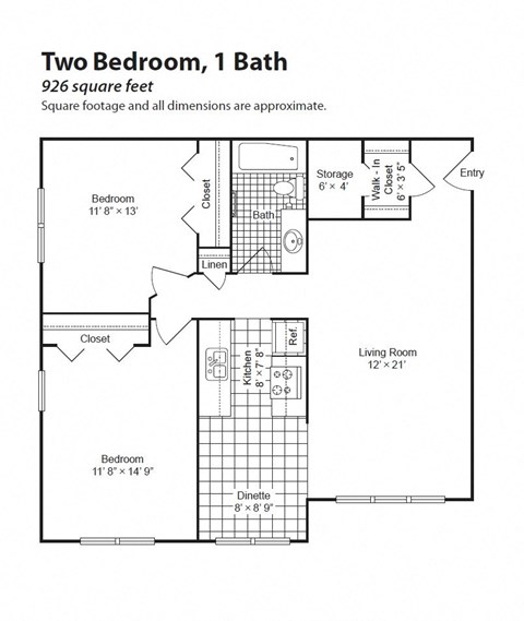 Floor plan for 2 beds, 1 bath, 1020 sqft