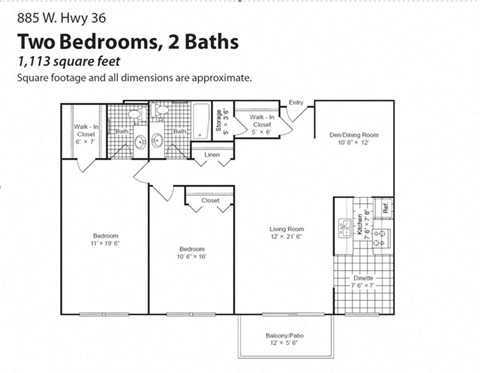 Floor plan for 2 beds, 1.5 baths, 1113 sqft