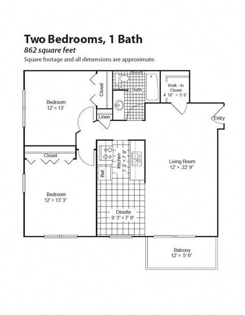 Floor plan for 2 beds, 1 bath, 923 sqft