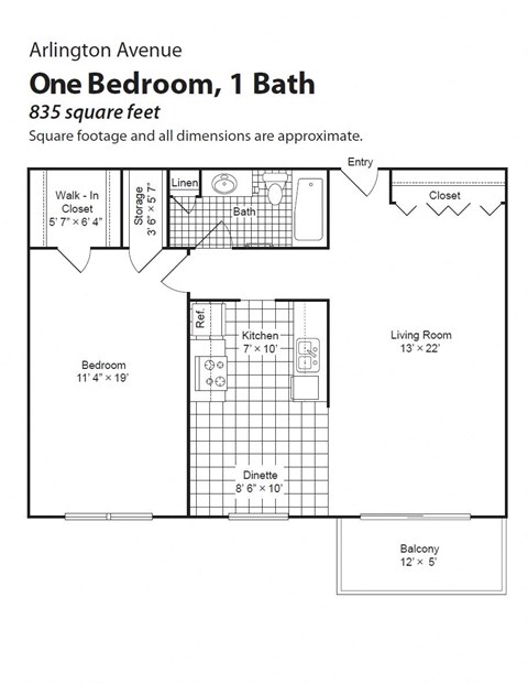 Floor plan for 1 bed, 1 bath, 835 sqft