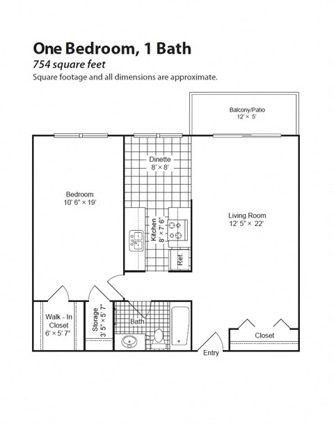 Floor plan for 1 bed, 1 bath, 754 sqft