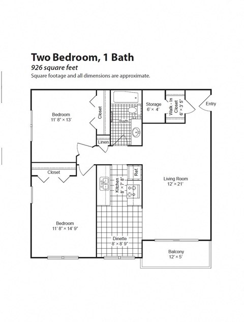 Floor plan for 2 beds, 1 bath, 926 sqft
