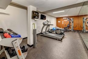 St. Paul apartment for rent - a gym with weights and a tv in the corner