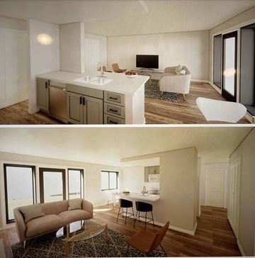 North St. Paul apartment for rent - A modern living room with a brown sofa and a white kitchen.