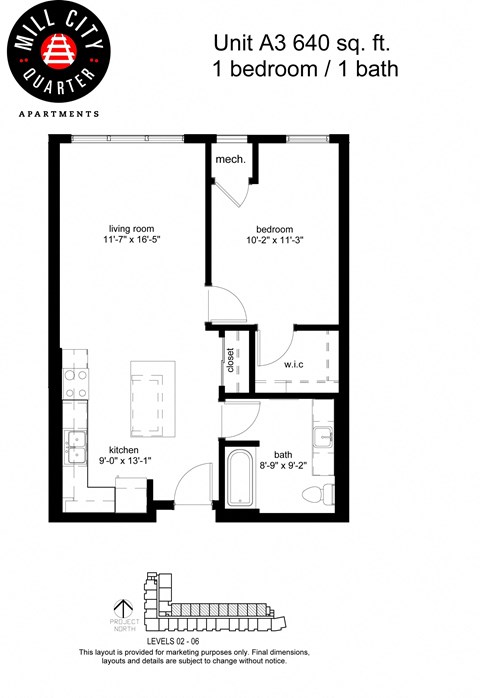 Floor plan for 1 bed, 1 bath, 640 sqft