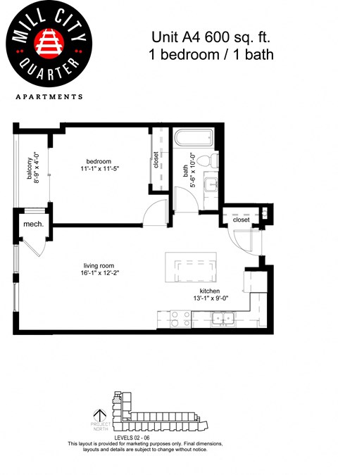 Floor plan for 1 bed, 1 bath, 600 sqft