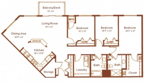 Floor plan for 3 beds, 2 baths, 1473 sqft