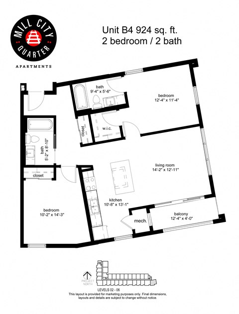 Floor plan for 2 beds, 2 baths, 927 sqft