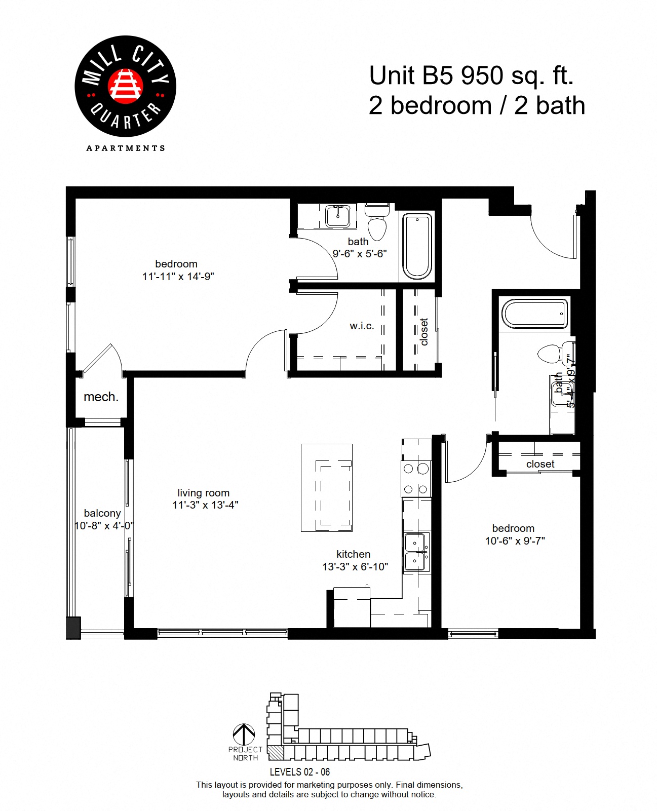 Floor plan for 2 beds, 2 baths, 952 sqft