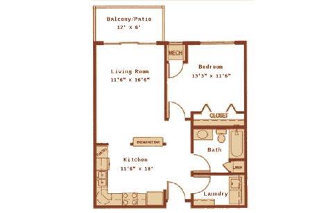 Floor plan for 1 bed, 1 bath, 687 sqft