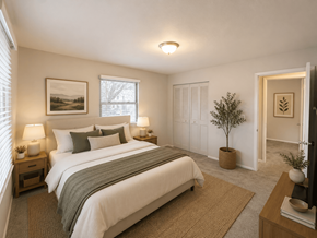 St Paul apartment for rent - A bedroom with a large bed and a small tree in a pot.