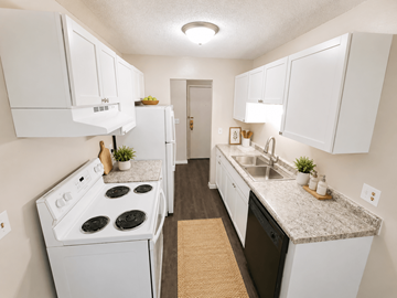 St. Paul apartment for rent - A kitchen with white cabinets and a black dishwasher.
