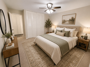 St. Paul apartment for rent - A bedroom with a large bed, a ceiling fan, and a painting on the wall.