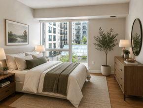 Minneapolis apartment for rent - A bedroom with a large bed, a side table with a lamp, and a framed picture on the wall.