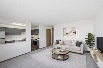 New Prague townhouse for rent - A living room with a grey couch, a coffee table, and a painting on the wall.