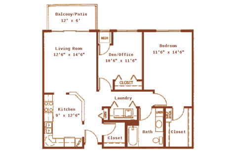 Floor plan for 2 beds, 1 bath, 959 sqft