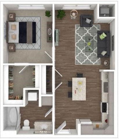 Floor plan for 1 bed, 1 bath, 683 sqft