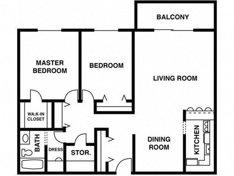 Floor plan for 2 beds, 1 bath, 1253 sqft