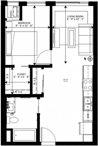 Floor plan for 1 bed, 1 bath, 527 sqft