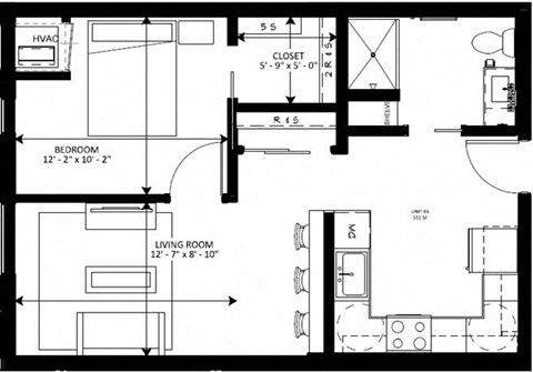 Floor plan for 1 bed, 1 bath, 551 sqft