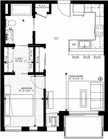 Floor plan for 1 bed, 1 bath, 628 sqft