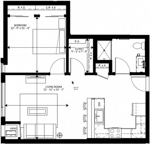 Floor plan for 1 bed, 1 bath, 661 sqft