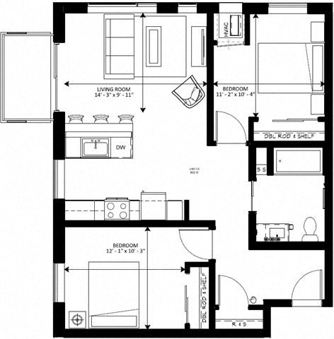 Floor plan for 2 beds, 1 bath, 802 sqft