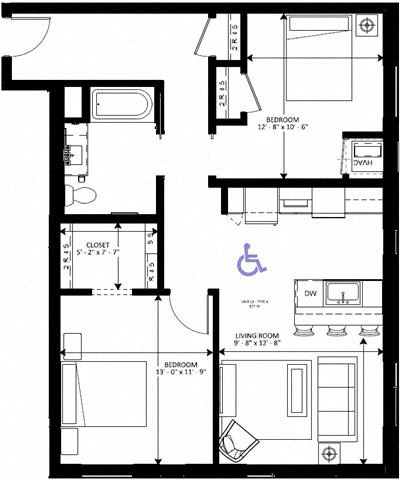 Floor plan for 2 beds, 1 bath, 877 sqft