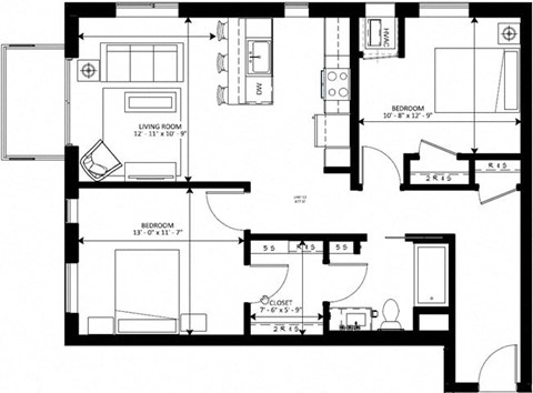 Floor plan for 2 beds, 1 bath, 877 sqft