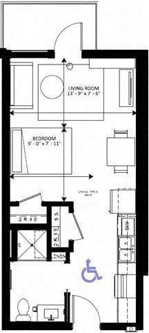 Floor plan for studio, 1 bath, 393 sqft