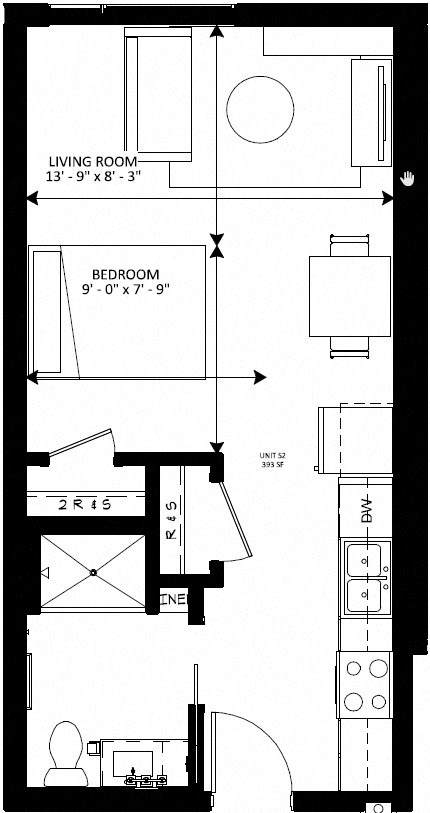Floor plan for studio, 1 bath, 393 sqft