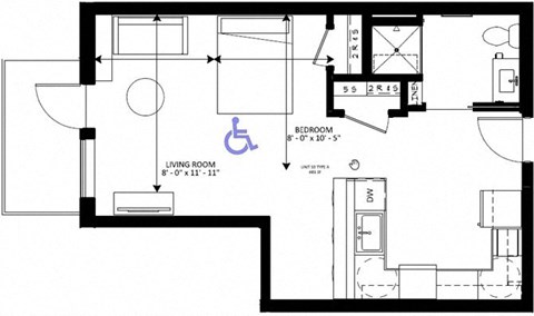 Floor plan for 1 bed, 1 bath, 483 sqft