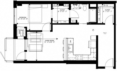 Floor plan for 1 bed, 1 bath, 721 sqft