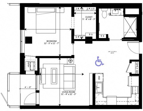 Floor plan for 1 bed, 1 bath, 690 sqft