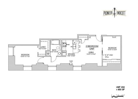 Floor plan for 2 beds, 1 bath, 1065 sqft