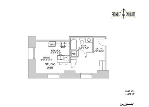 Floor plan for studio, 1 bath, 556 sqft