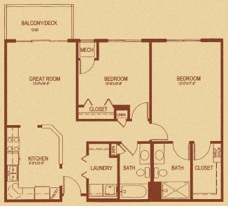 Floor plan for 2 beds, 2 baths, 1011 sqft