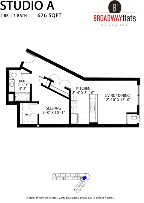 Floor plan for studio, 1 bath