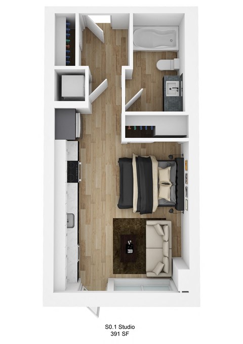 Floor plan for studio, 1 bath, 392 sqft