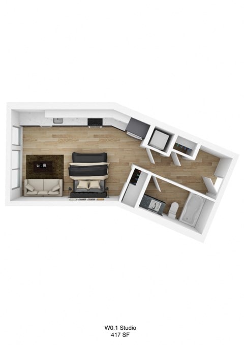 Floor plan for studio, 1 bath, 417 sqft